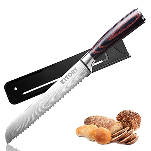 Kitory Bread Knife 8‘’, Serrated Slicing Knife with Sheath Ultra Sharp German High Carbon Steel Wavy Edge Cake Slicer Bakery Slicing Cutter K307