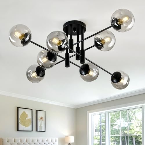 Image of 8 Light Glass Globe Ceiling Light Black Mid Century Flush Mount Sputnik Light Fixture Bubble Chandelier Living Room Farmhouse for Dining Room Kitchen Bedroom.