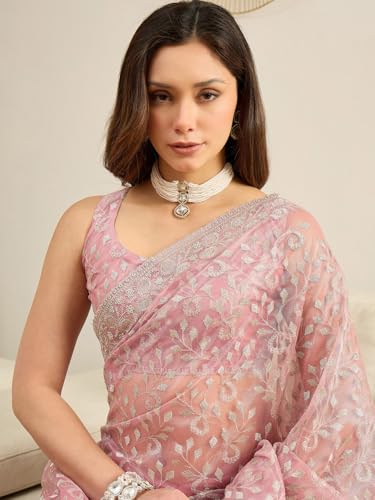 Image of AKHILAM Women's Net Embroidered Saree With Unstitched Blouse Piece