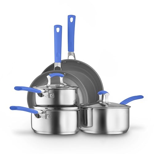 Sur La Table 5 Piece Blue Colour Me Happy Cookware Set, 16/18/20cm Saucepans, 24/28cm Frying Pans, 360° Pouring Lips, Comfortable Blue Grip, Stainless Steel, Induction Compatible, SLT800310BLU