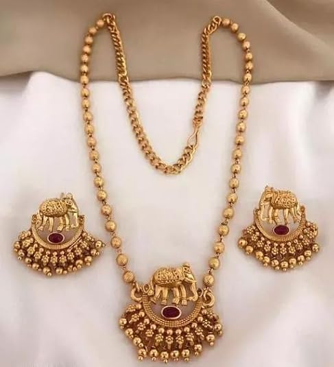Padmawati Bangles Gold Plated Traditional Elephant Pendant Necklace Jewellery Set with Earrings for Women & Girls | Beadwork Design, Adjustable Alloy Design No TEMPLE 226