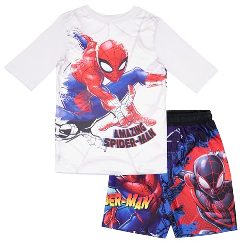 Marvel Boys Amazing Spider-Man 2-Piece Rash Guard Swim Set, Quick Drying Swim Shirt & Trunks, Superhero Swimsuit for Kids (White/Red, Size 7)