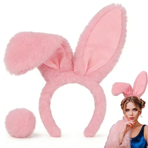 M&G House Easter Bunny Ears Headband with Tail Floppy Rabbit Ears Costume Accessories for Easter Party Cosplay Photoshoots and Dress Up Adult
