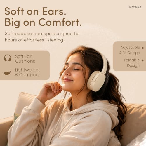 Image of GameSir BeatXtra Wireless Stereo Bluetooth Headphones V5.3, Over Ear Foldable Headset with 40mm Drivers, Soft Cushioned Ear Pads, Built-in Mic, AUX Input, 10M Wireless Range, Teen & Adults (Beige)