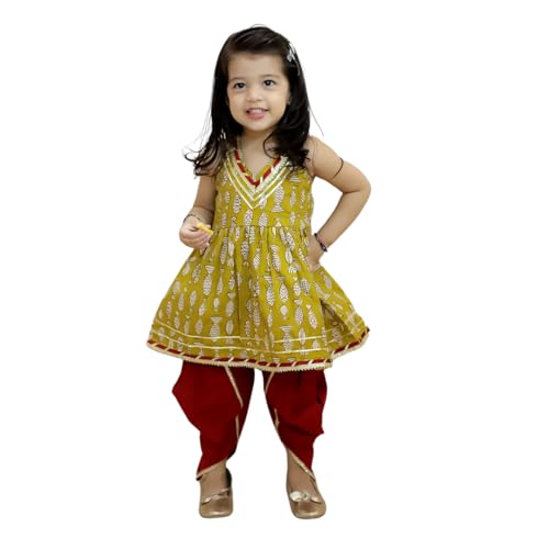 Image of BownBee Halter Neck Pure Cotton Fish Print Kurti with Harem for Girls- (Set of 1) Solid /Printed colorful full length fully stitched regular fit Ethnic wear dress for Kids