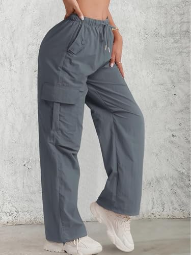 Image of DEELMO Women's High-Waist Relaxed Fit Cargo Pants | Multi Utility Pockets Trouser | Cargo Trouser | Women Baggy Pant | Adjustable Drawstring Waistband
