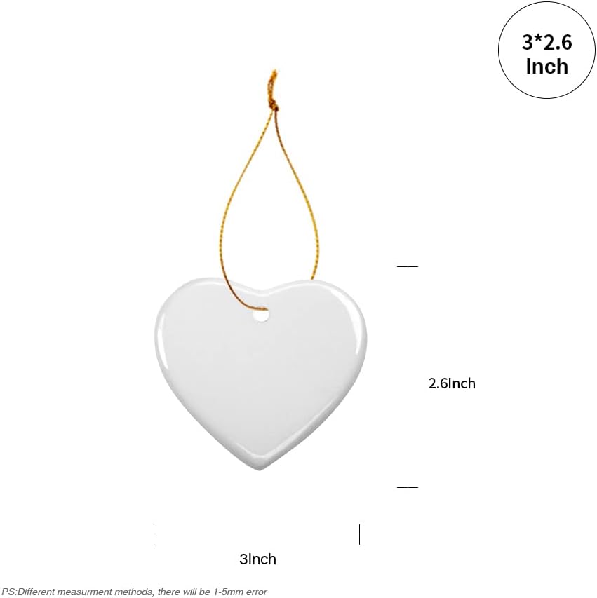 PYD Life 25 PCS Sublimation Blank White Ornament Ceramic 3 Inch Heart Shaped Ornament with Gold String for Christmas Home Customized Decor Bulk