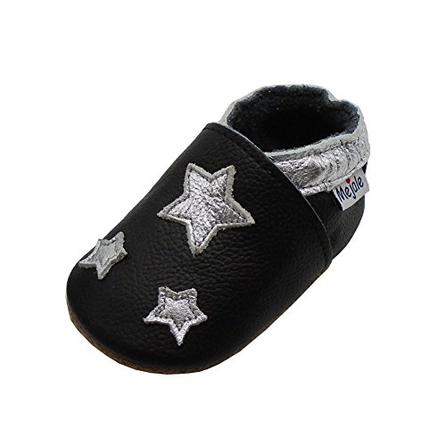 Mejale Soft Sole Leather Baby Crib Shoes Infant Toddler Prewalkers Moccasins 0-3 Years (6-7 US Infants/12-18 Mo./5.5 in, Black, Silver Stars)