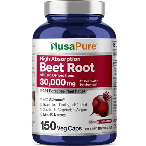 NusaPure Beet Root 30:1 Extract, 1000 mg Equivalent to 30,000 mg 150 Veggie caps (Vegan, Non-GMO & Vegan 4% Nitrates) Bioperine