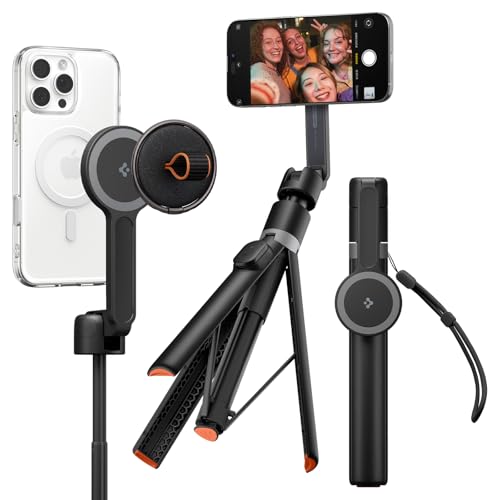 Spigen Selfie Stick Automatic Tripod Stand with Bluetooth Remote Control Shutter 57' Extendable Compatible with MagSafe iPhone 17/16/15/14/13/12 Pixelsnap Pixel 10 Series & More - Black (S581W)