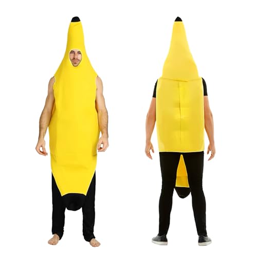 Fato divertido de banana para adultos, fantasia unissexo para adultos, divertido macacão de banana amarelo para Halloween, festas, carnavais, Natal e eventos de cosplay, tamanho único