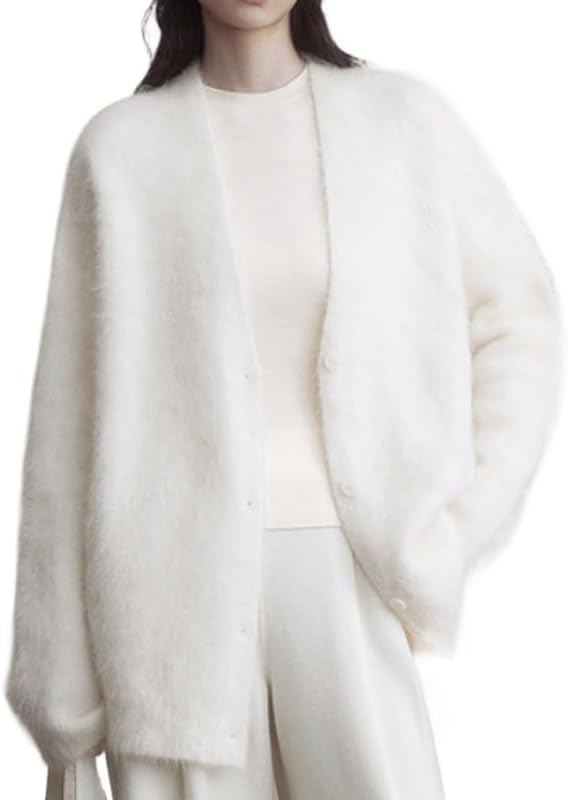 Image of Womens Fuzzy Sweaters Cardigan V-Neck Button Down Oversized Mohair Sweater Casual Y2k 2026 Fall Winter