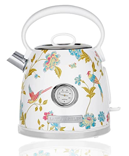 Laura Ashley Elveden White Cordless Electric Kettle By VQ, Stainless Steel Kettle With Capacity of 1.7 Litre, Energy Efficient 3KW Fast Boiling Technology With Boil Dry Protection & Temperature Gauge
