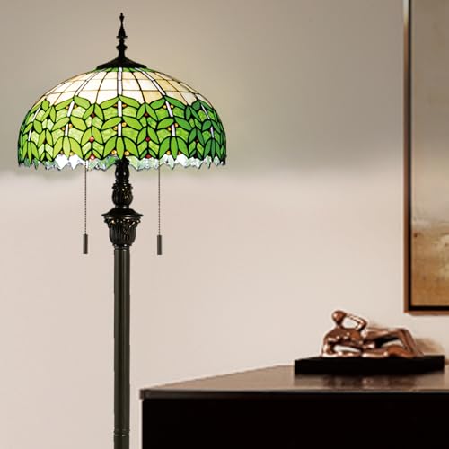 Image of Tiffany Style Floor Lamp, 16 inch Stained Glass Green Leaf Shade with Antique Bronze Base, 2-Light E26 Pull Chain Standing Reading Light for Living Room, Bedroom, UL Listed, 16x16x64 Inches