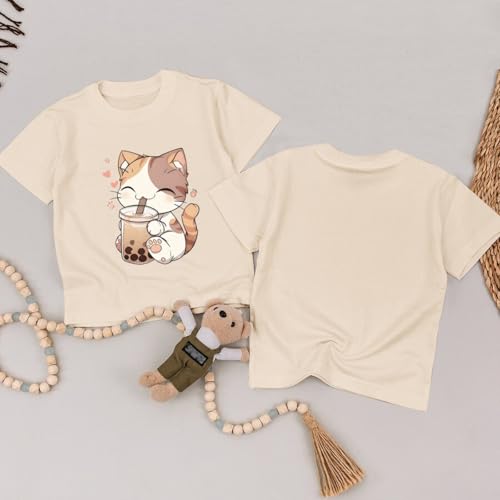 Image of KEEVICI Cute Cat Shirts for Girls Graphic Tees Bubble Tea Tshirt Kids Kawaii Cartoon Animal Print T Shirt Summer Cotton Tops