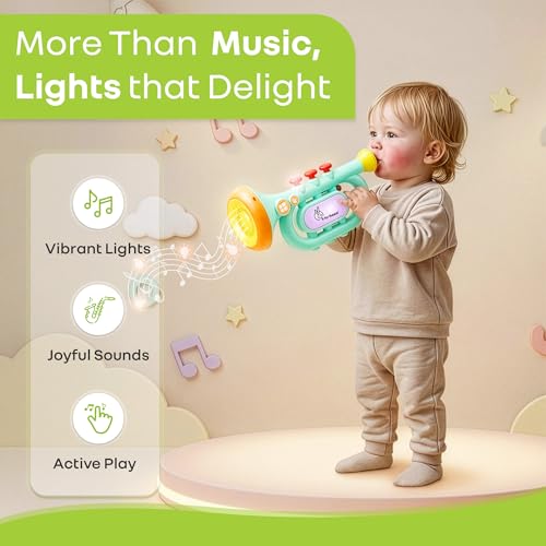 Image of R for Rabbit Orapple Funtunes Trumpet Musical Toys for Kids | Light & Sound Music with Smart Auto Shut Off | 3 Play Modes | Early Learning Music Toy for Toddlers Ages 1+ Ideal for Kids (Blue Multi)