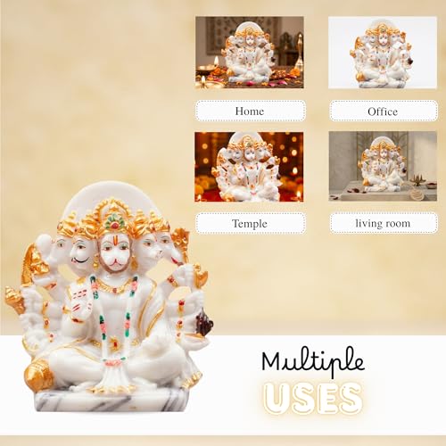 Image of Resin Hanuman Ji Murti Panchmukhi Hanuman for Door Entrance Temple Home & Office Decor Living Room Decoration Gift for New House Warming ceramony, 12.7 x 6.3 Cm, Marble White