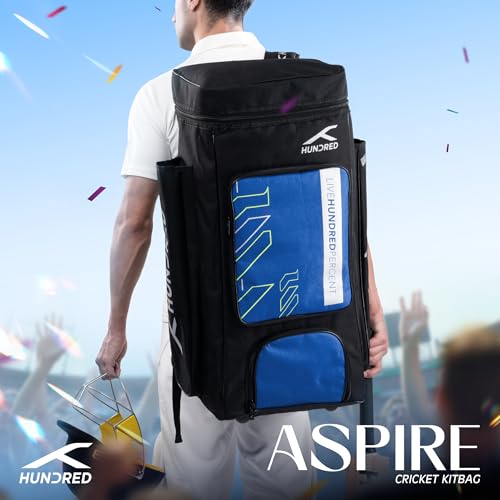 Image of Hundred Polyester Aspire Cricket Kitbag | Spacious & Durable Sports Gear Bag with Multiple Compartments | Shoe Compartment & Sturdy Zippers | Padded Straps(Black /Blue)