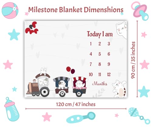 Image of Baby Monthly Milestone Blanket | 1-12 Months | Soft All-Season AC Blanket | Ideal for Newborn Boys & Girls | Perfect Growth Tracker & Photoshoot Prop with Animal Train | 120x90 cm