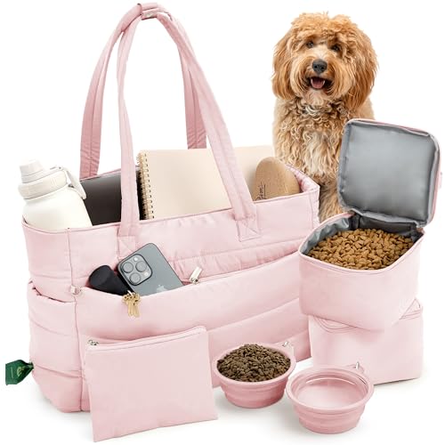 rubyloo Puffer Dog Travel Bag for Dog Moms Doggy Diaper Bag with Pet Bowls & Food Storage or Everyday Puffy Tote Doggy Mom Gifts for Women Lightweight Travel-Ready Gift for Pet Lovers - Pink