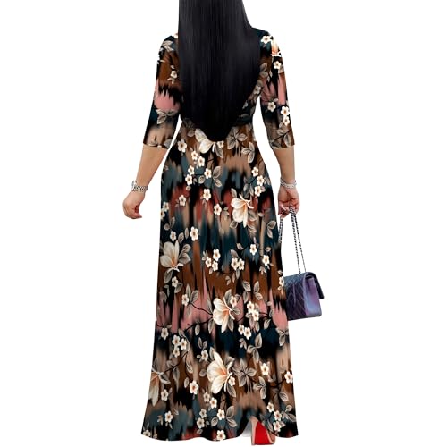 Image of Women's V Neck Floral Maxi Dress 3 /4 Sleeve Plus Size Boho Wrap Flowy Long Dresses with Belt