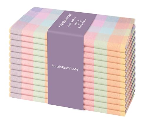 Plaid Cloth Napkins - Mitered Corners - Spring Easter Summer, Set of 12