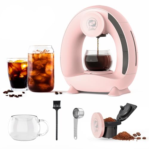 i Cafilas Kaffeemaschine für gemahlenen Kaffee,Mini Q Americano 2-in-1-Kaffeebrüher, Mini One Cup Kaffeebrauer/Teebereiter mit Kaffeefilter, Elektrische Kaffeemaschine Mini,120-240 ml, Rosa