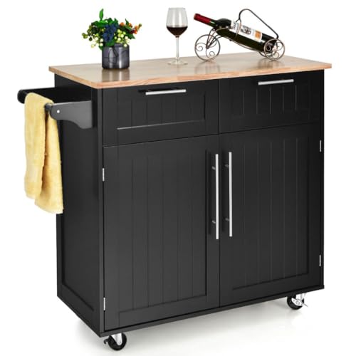 Isla de cocina sobre ruedas con encimera de madera de goma, estantes ajustables, toallero, carrito de servicio para el hogar, cocina, comedor, sala de estar, carrito de almacenamiento rodante (negro)