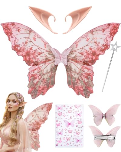 RENEMEGO Pink Fairy Wings Set - 6 Pcs Butterfly Wings with Flower Pattern Elf Ears Hair Clips Star Wand Butterfly Makeup Temporary Tattoos Birthday Party Masquerade Photoshoot Dress Up Outfit