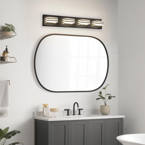 Image of 4-Light LED Black Vanity Lights for Bathroom Light Fixtures Adjust 3 Colors Modern Bath Lighing Over Mirror LED Vanity Light 27inch Acrylic Heads