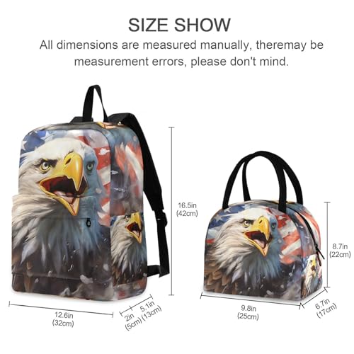 Roaring Bird American Print Backpack Set with Lunch Bag, Large Capacity Travel Backpacks and Lunch Box Insulated for Commute Hiking Picnic2