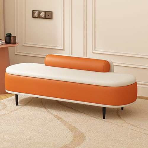 Banco otomano moderno de almacenamiento con almohada lumbar, caja de almacenamiento y reposapiés para sala de estar, banco de piel sintética (naranja + beige, 60 cm)