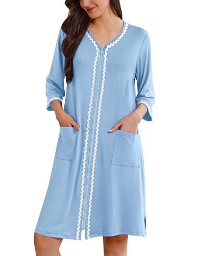 Image of Ekouaer Zipper Robes for Women 3 /4 Sleeves Lightweight House Coat Zip Up Bathrobe Soft Nightgown with Pockets S-3XL