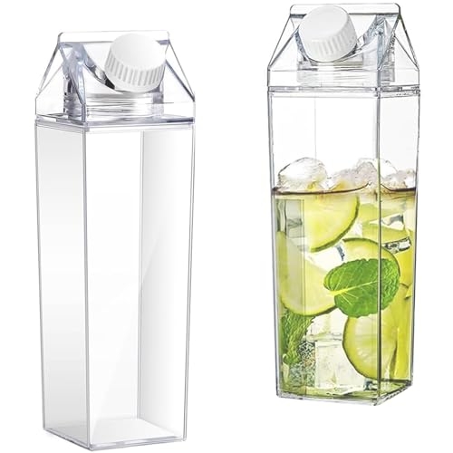 Aarcyye 1000ml Universelle Transparente Milchkarton Wasserflaschen, Set mit 2 Quadratischen Wasserflaschen mit Schraubverschluss Milchkarton Wasserflaschens Wiederverwendbar
