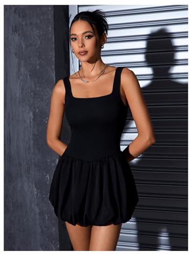 Image of MakeMeChic Women's Casual Bubble Dress Square Neck Sleeveless Ruffle Mini Dresses Black Medium