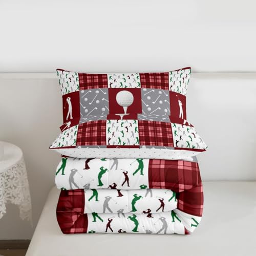 Image of Feelyou Golf Comforter Set King Size Red Plaid Buffalo Check Geometric Bedding Set for Kids Boys Girls Sports Theme Duvet Quilt Bedroom Decor Microfiber 3 Pcs with 2 Pillow Cases
