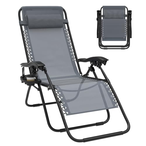 Chaise longue pliable Huracan Chaise longue, avec positions réglables, appui-tête et porte-boissons, chaise de relaxation en acier et housse grise