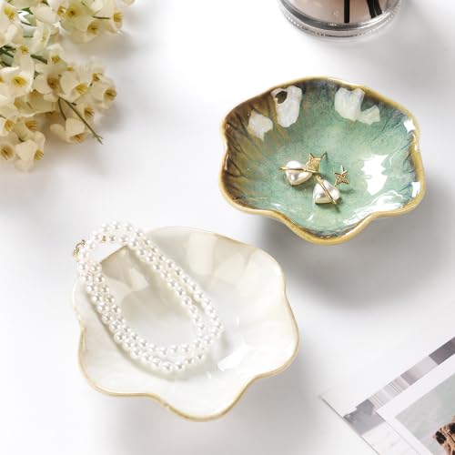 Image of JAMEND CLXP 2PCS Ring Holder Dish, Small Key Bowl, Ceramic Trinket Tray Jewelry Dish Organizing Necklace Earrings for Mom Friend Sister, All Jewelries Are NOT Included. Crystal Green.
