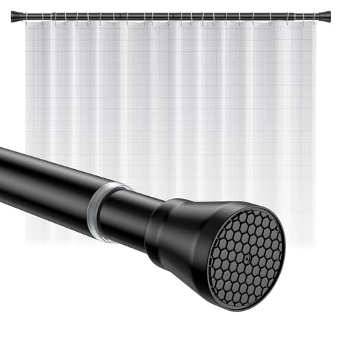 Image of Shower Curtain Rod 45-77 Inch Black Shower Tension Rod Adjustable Curtain Rod No Drilling Tension Curtain Shower Rods for Bathroom Windows