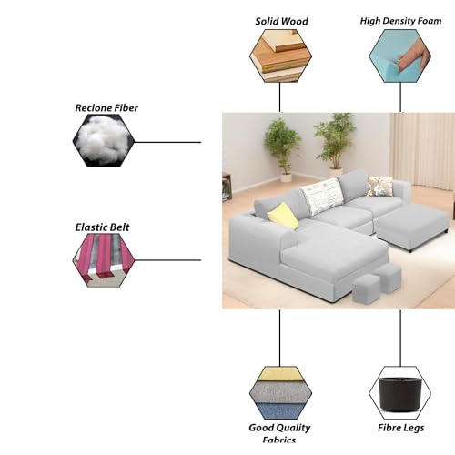 Image of Koza LHS 4 Seater L Shape Sofa Set with Center Table for Living Room (Grey Fabric) Premium Fabric Sofa