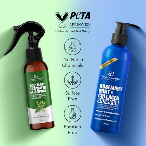 Image of Botanic Hearth Rosemary Hair Care Duo - Rosemary Mint Shampoo & Rice Water Hair Spray | Hair Growth, Hair Fall Control, Dandruff Relief, Breakage Repair & Frizz Control | Sulfate & Paraben-Free