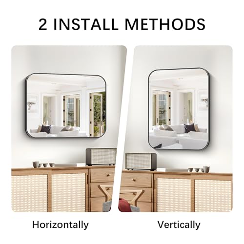 Image of Bathroom Mirror, 30 x 24 inch Metal Framed Black Rectangle Mirror, Rounded Corner Rectangular Vanity Mirror, Wall Mounted Mirror for Modern Bedroom Living Room Hangs Horizontal or Vertical