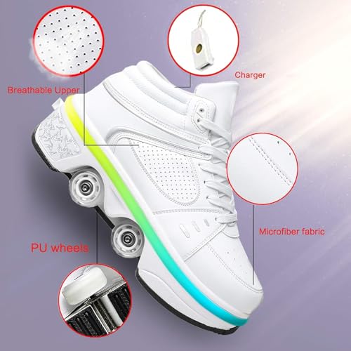 Image of Automatic Shoes Double-Row Deform Wheel Skate for Walking and Skating Invisible Deformation Roller Parkour Retractable Children's Shoes That Turn Into Rollerskates (36, LED White)