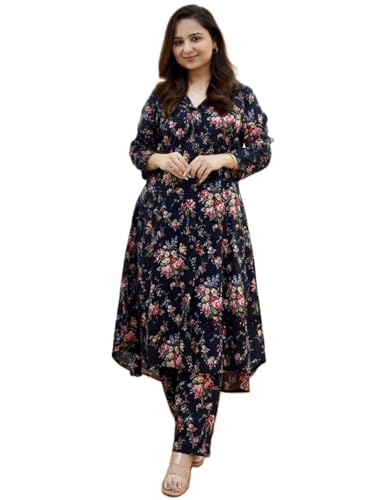 Image of DHRUVI TRENDZ Anarkali Kurta-Set for Women - Viscose Rayon Printed Kurta & Straight Pant | Festive Ethnic Indian Traditional Outfit for Functions & Puja | Lightweight Two Piece Dress for Daily Wear & Holiday Look | 3 /4 Sleeve