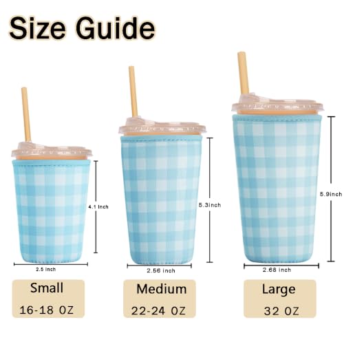 Image of Reusable Insulated Sleeve for Iced Coffee Cup, 3-Pack Coffee Neoprene Drink Sleeve for Cold & Hot Drinks, Beverage Holder for Iced Coffee (Soft Blue Gingham)