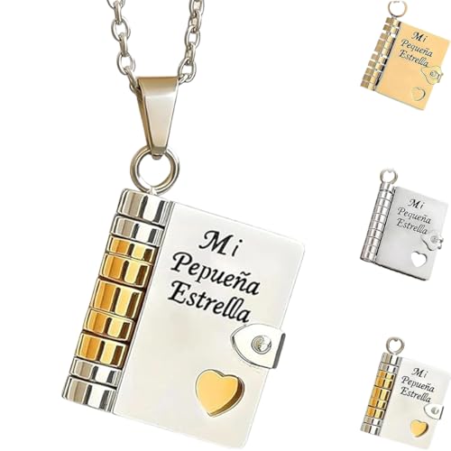 Spanish My Little Star Book Necklace for Daughter Son, Mi Pequeña Estrella Engravable 6 Pages Openable Book Necklace, Adjustable Mini Pendant Jewelry Gift for Birthday Graduation