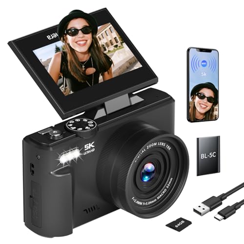FLATIC Digital Camera, 5K 75MP Cameras for Photography with WiFi & 64GB TF Card, Autofoucs Vlogging Camera for YouTube with 180° Flip Screen, Compact Vlog Travel Camera Kit for Beginner, Teens