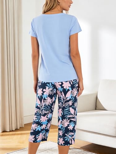 Image of YIJIU Women Soft Comfy Pajamas Cute Cat Short Sleeve Capri Pants PJS Set