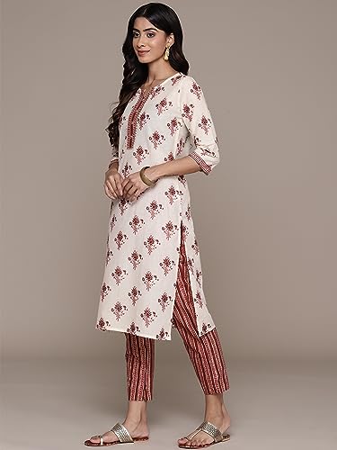 Image of anubhutee Women's Cotton Blend Floral Printed Off White Straight Kurta Suit Set with Trousers