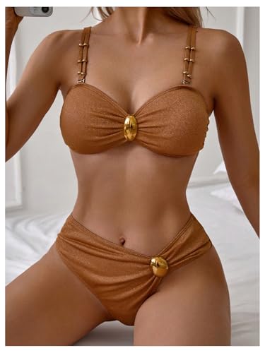 SHENHE Women's Sparkly Bikini Set 2 Piece Beaded Gold Metal Glitter Bandeau Swimsuits3
